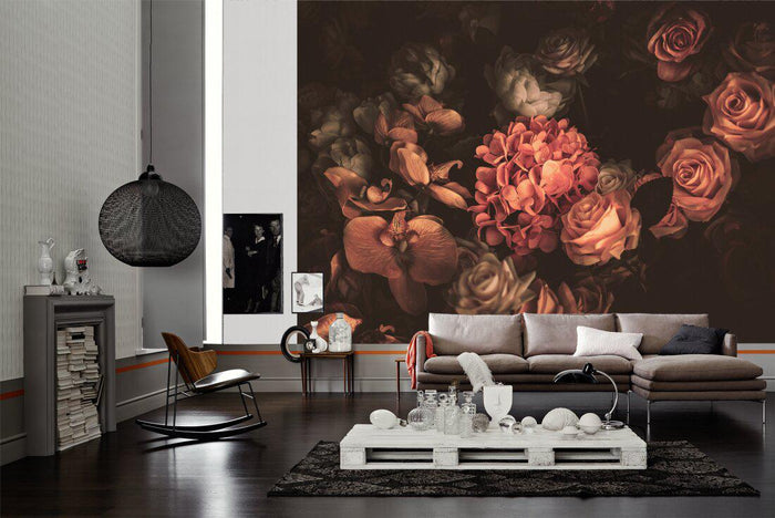 Romantic Flowers - Orange Tint - Custom Sized Wallpaper Mural (per m2)