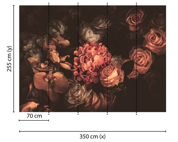Romantic Flowers - Orange Tint - Custom Sized Wallpaper Mural (per m2)
