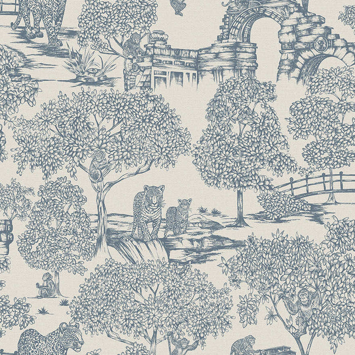 Samar Forest wallpaper in Light Blue, showing leopards, monkeys and a stone ruin in blue line on a cream background