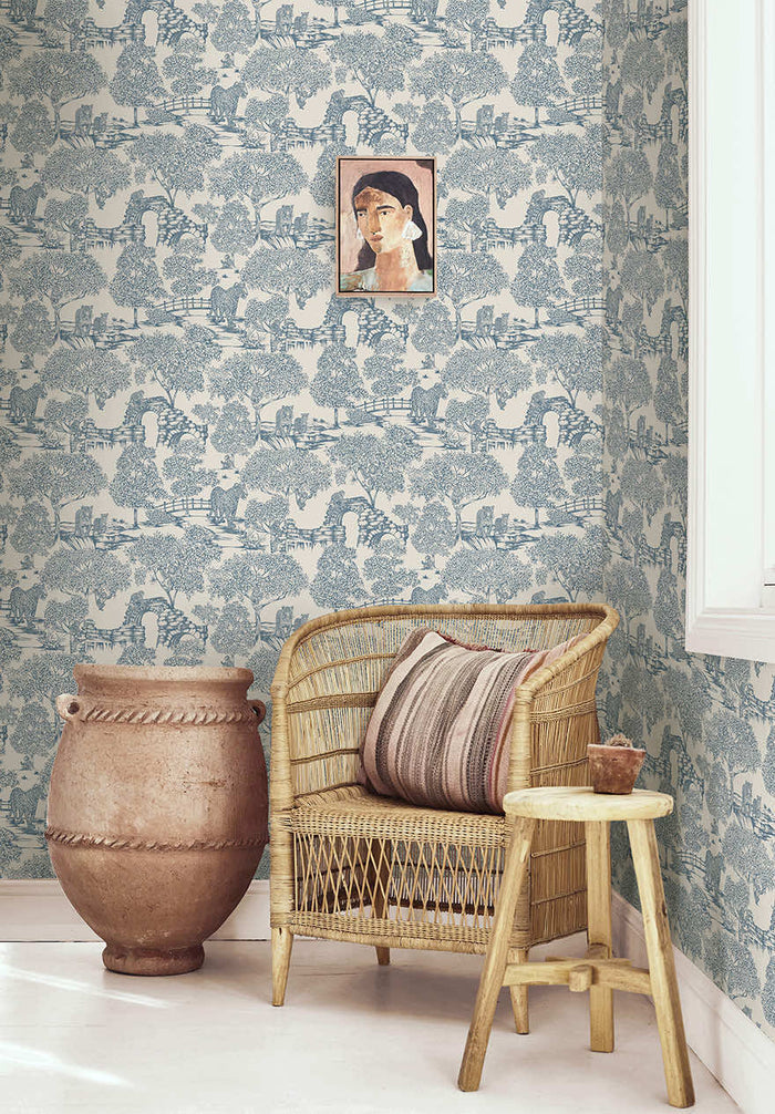 Samar Forest wallpaper in Light Blue hung on a feature wall