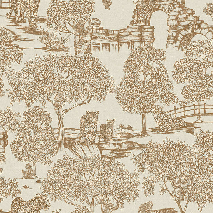 Samar Forest wallpaper in Orange, showing leopards, monkeys and a stone ruin in orange line on a cream background