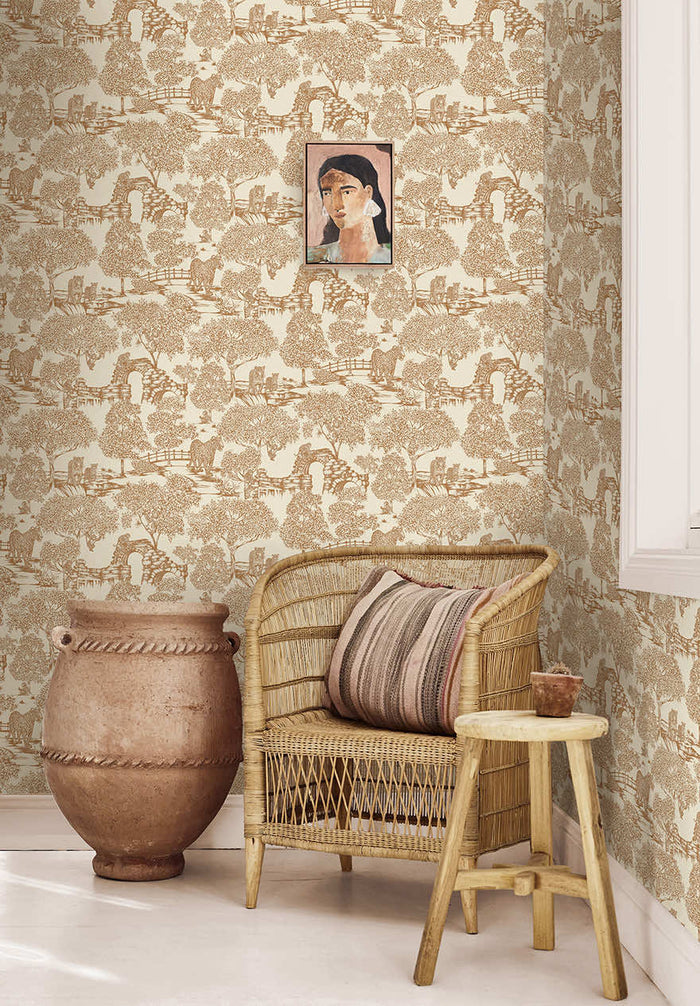 Samar Forest wallpaper in Orange hung on a feature wall