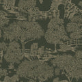 Samar Metallic Forest wallpaper in Green, showing leopards, monkeys and a stone ruin in metallic gold line on an olive green background