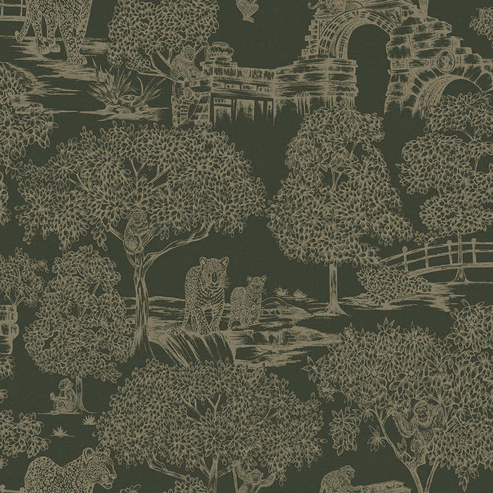 Samar Metallic Forest wallpaper in Green, showing leopards, monkeys and a stone ruin in metallic gold line on an olive green background