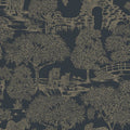 Samar Metallic Forest wallpaper in Navy, showing leopards, monkeys and a stone ruin in metallic gold line on a navy background