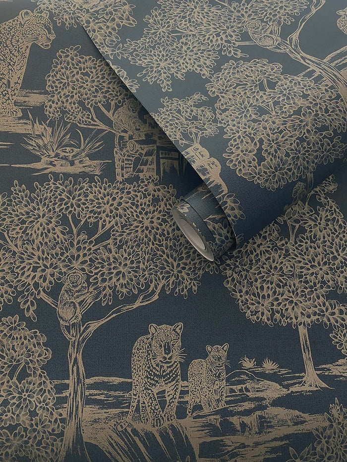 Roll of Samar Metallic Forest wallpaper in Navy