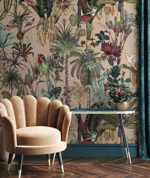 Sample - Birds Birds Mural Wallpaper - Coral