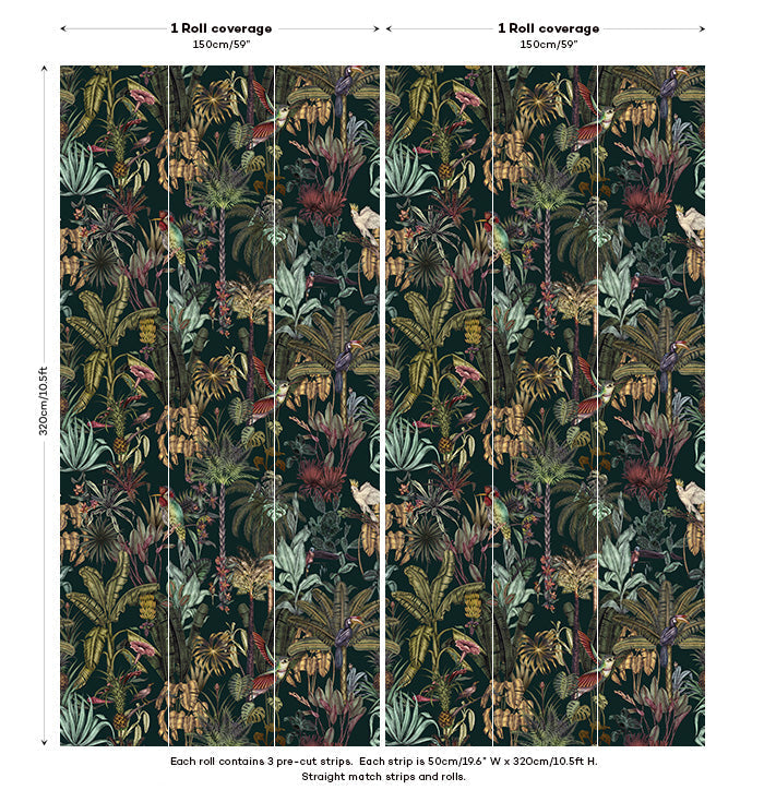 Sample - Birds Birds Mural Wallpaper - Deep Green