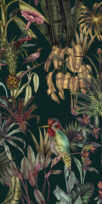 Sample - Birds Birds Mural Wallpaper - Deep Green