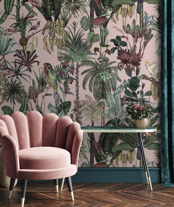 Sample - Birds Birds Mural Wallpaper - Pink