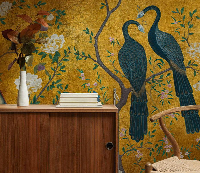 Sample - Edo Gold Peacock - Custom Sized Wallpaper Mural (per m2)