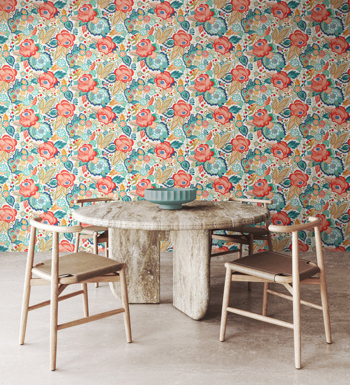 Sample - Emily Rose Wallpaper - Petrol & Coral