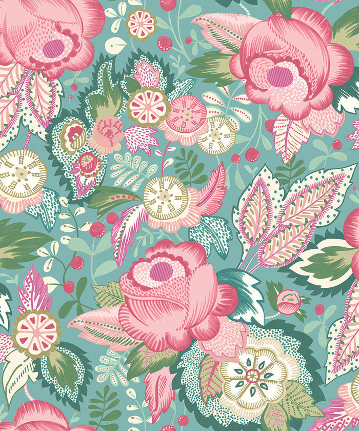 Sample - Emily Rose Wallpaper - Rose & Seafoam