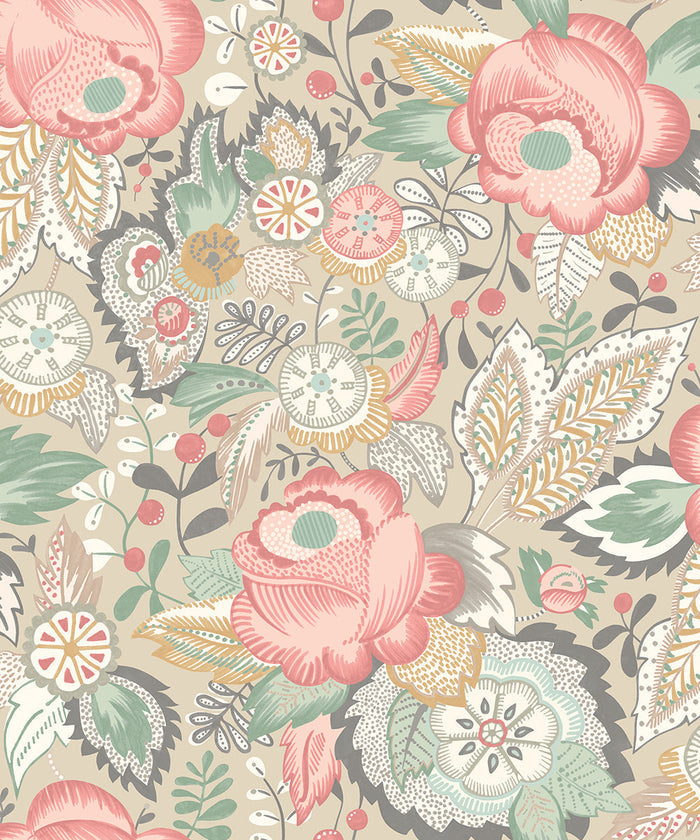 Sample - Emily Rose Wallpaper - Soft Flamingo