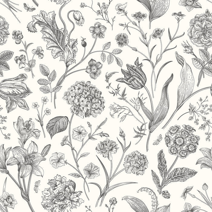 Sample - Floral Toile Wallpaper - Ebony
