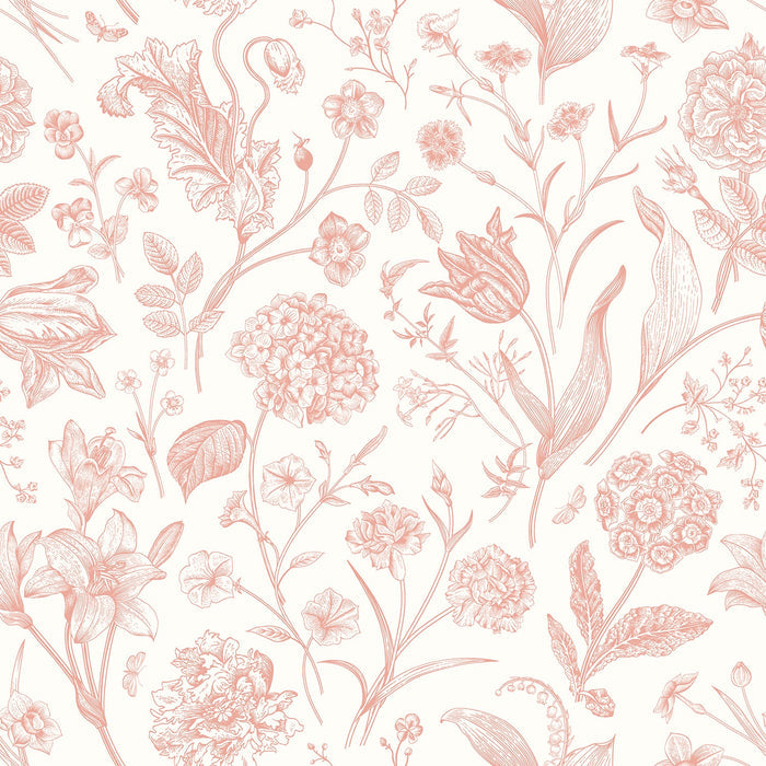 Sample - Floral Toile Wallpaper - Soft Coral