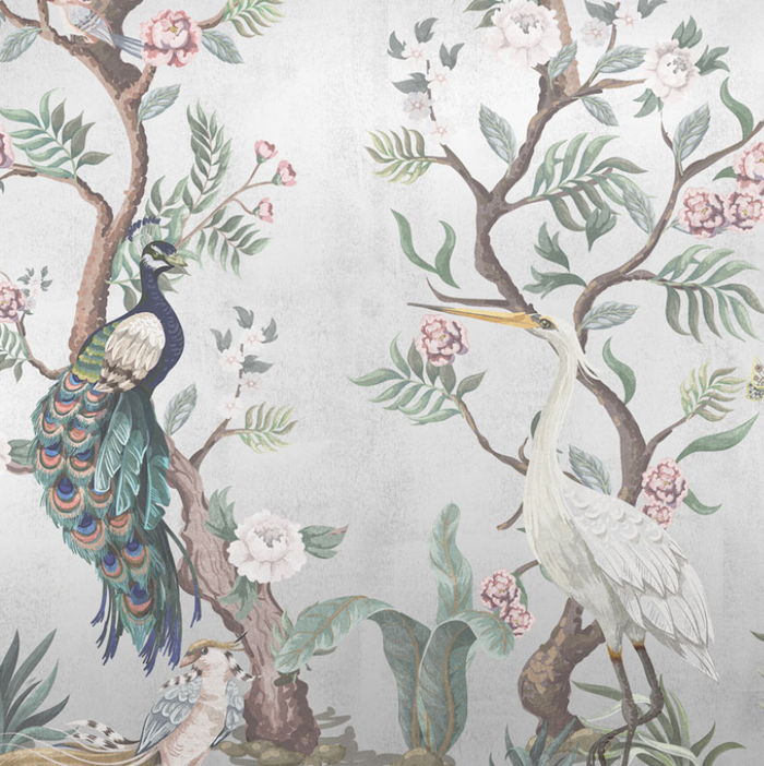 Sample - Hirosaki Chinoiserie - Custom sized wallpaper mural (per/m2) - Silver Metallic