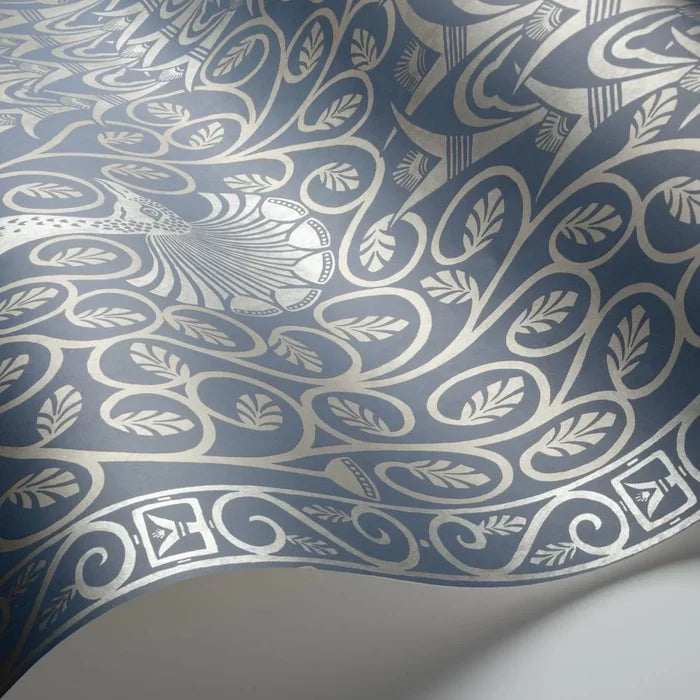 Sample - Pavo Parade Peacock Wallpaper - Metallic Silver/Denim