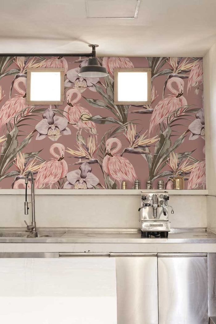 Sample - Tropical Shore Flamingo Hybrid Mural - Berry