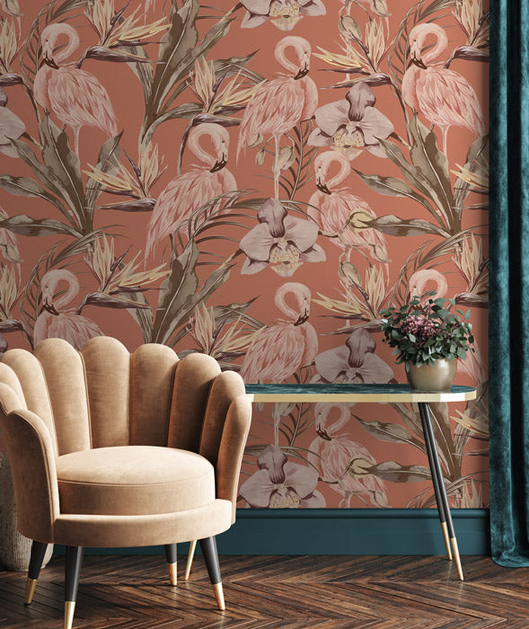 Sample - Tropical Shore Flamingo Hybrid Mural - Terracotta