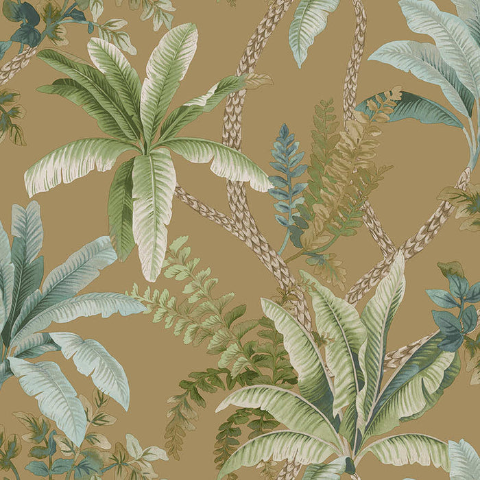 Saranda wallpaper in Gold, showing trailing palm and fern fronds over a mustard-gold background