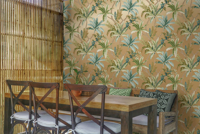 Saranda wallpaper in Gold hung on a feature wall