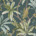 Saranda wallpaper in Teal, showing trailing palm and fern fronds on a braided vine over a deep teal background
