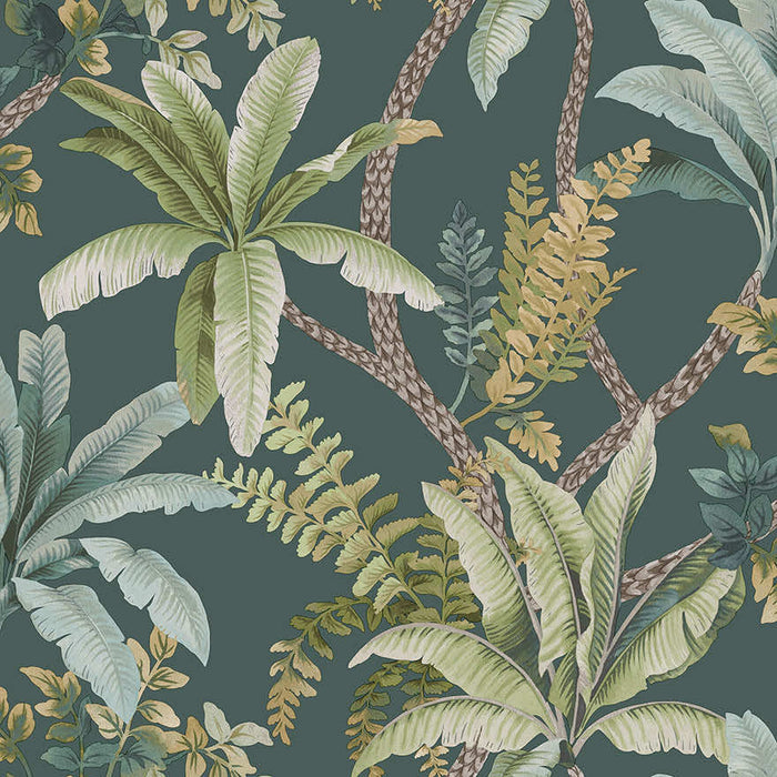Saranda wallpaper in Teal, showing trailing palm and fern fronds on a braided vine over a deep teal background