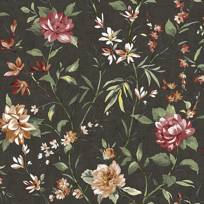 Sazanka wallpaper in Charcoal, showing camellia blooms in rose-pink over a dark grey background