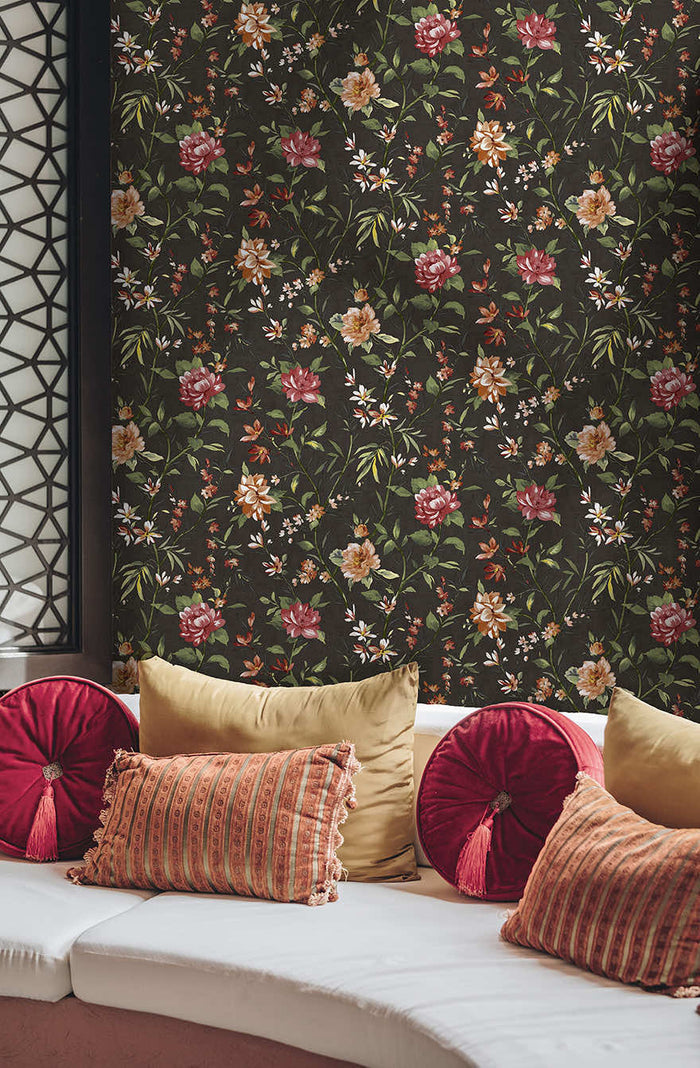 Sazanka wallpaper in Charcoal hung on a feature wall