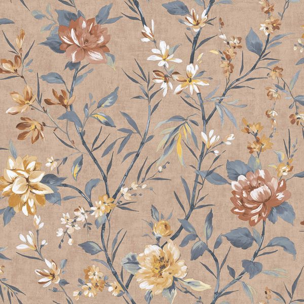 Sazanka wallpaper in Coral, showing camellia blooms in orange over a dusty pink background