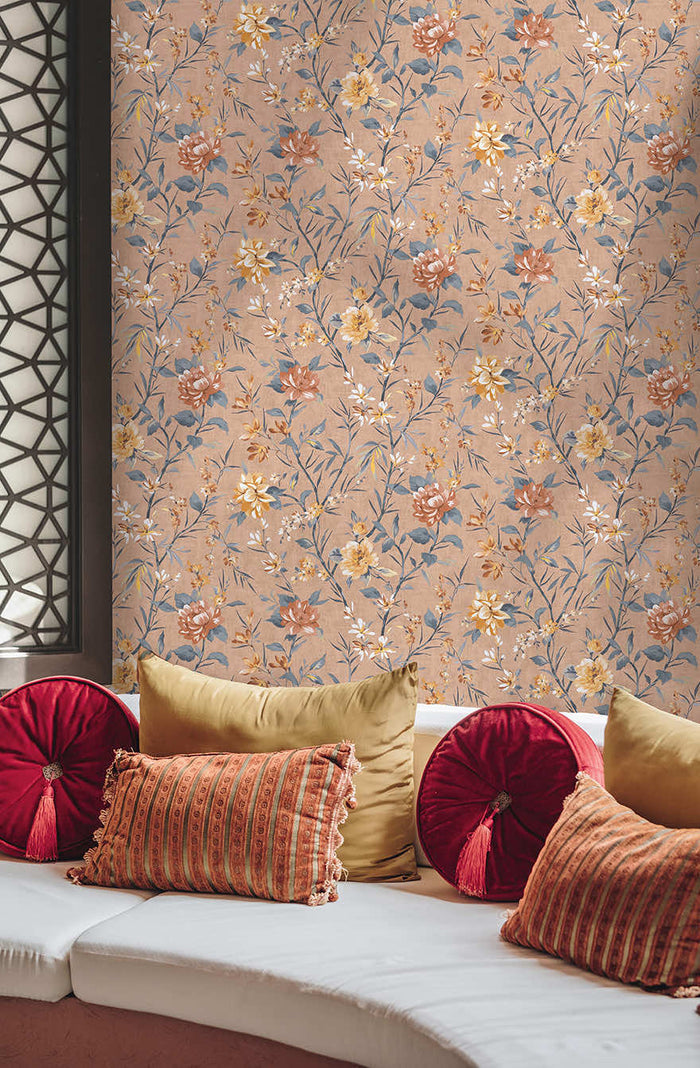 Sazanka wallpaper in Coral hung on a feature wall