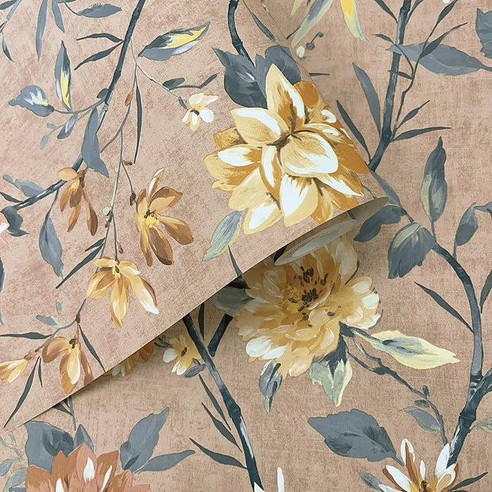 Roll of Sazanka wallpaper in Coral