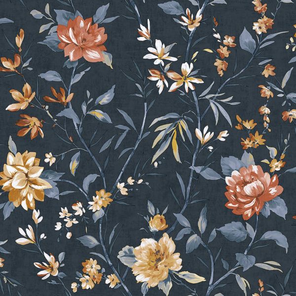 Sazanka wallpaper in Navy, showing camellia blooms in orange and white over a navy background