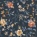 Sazanka wallpaper in Navy, showing camellia blooms in orange and white over a navy background
