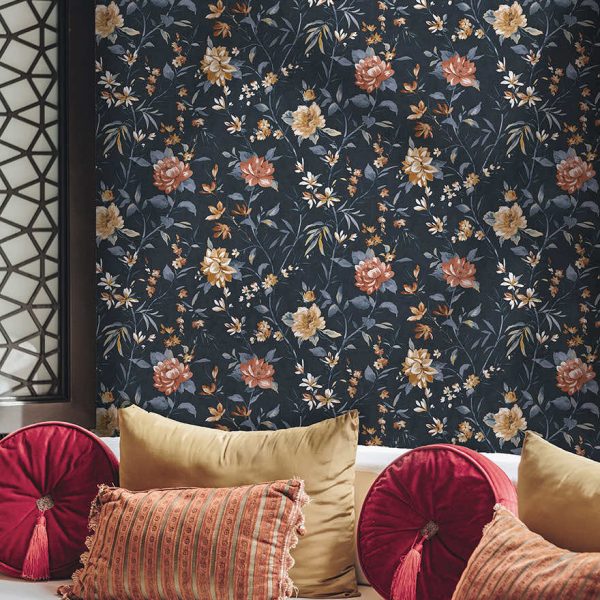 Sazanka wallpaper in Navy hung on a feature wall