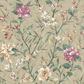 Sazanka wallpaper in Taupe, showing camellia blooms in mauve-pink over a taupe background