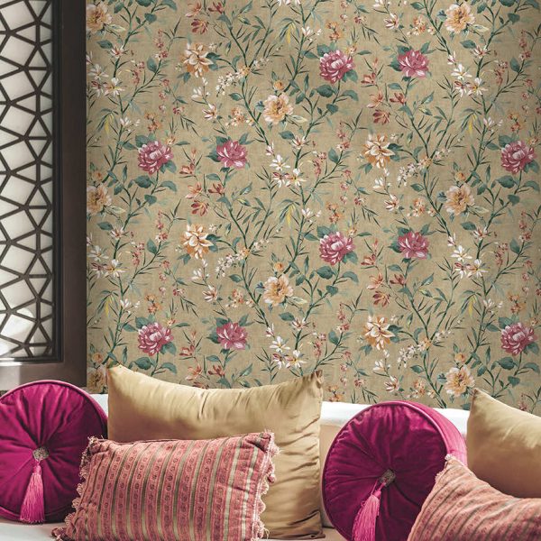 Sazanka wallpaper in Taupe hung on a feature wall