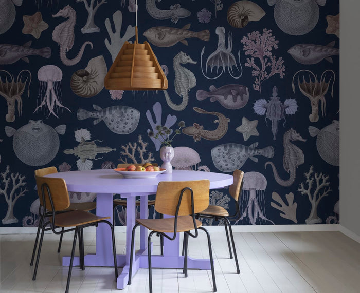 Sea Life - Navy Blue - Custom Sized Wallpaper Mural (per m2)