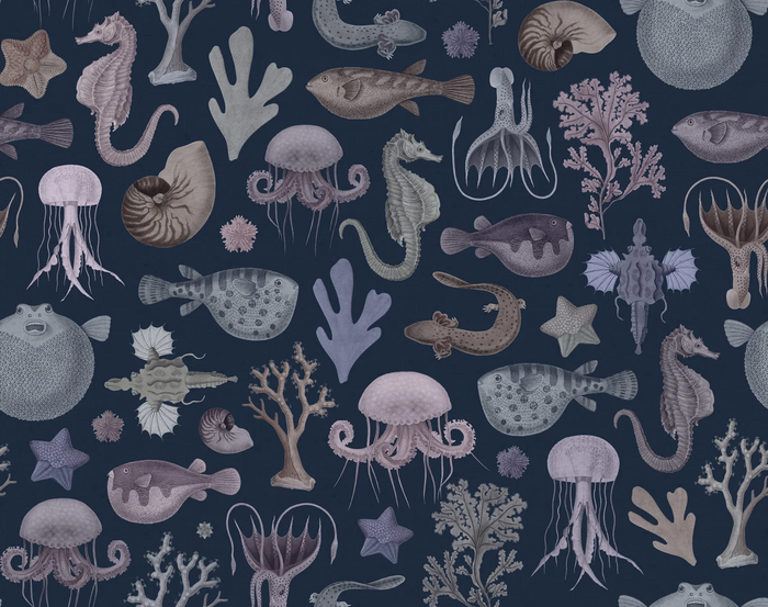 Sea Life - Navy Blue - Custom Sized Wallpaper Mural (per m2)