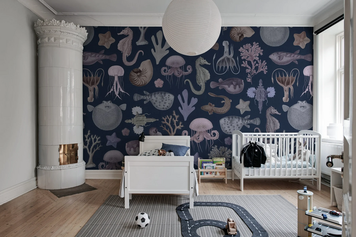 Sea Life - Navy Blue - Custom Sized Wallpaper Mural (per m2)