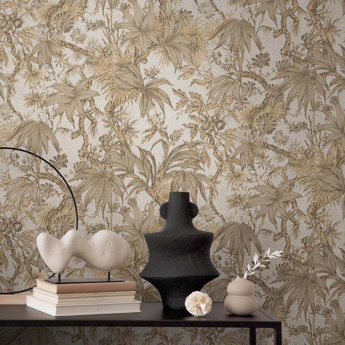 Sepia Memories -  Jungle Wallpaper - Beige Metallic