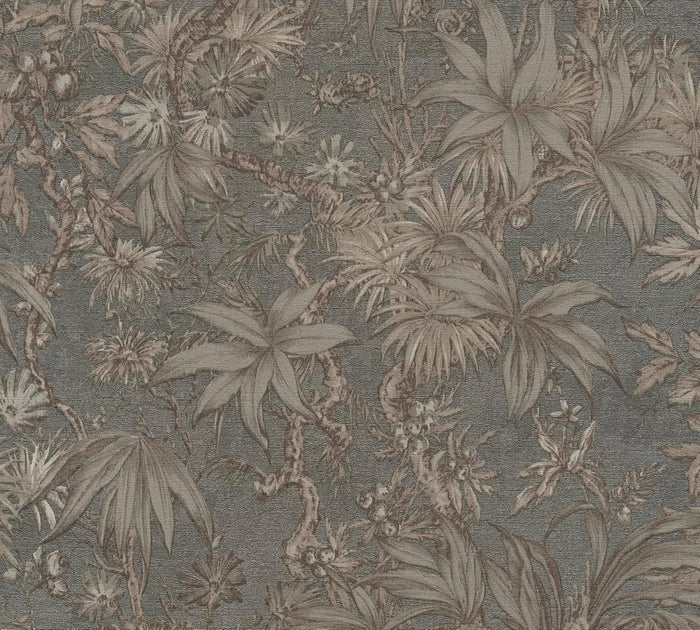 Sepia Memories -  Jungle Wallpaper - Grey Metallic