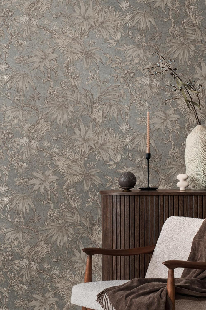 Sepia Memories -  Jungle Wallpaper - Grey Metallic