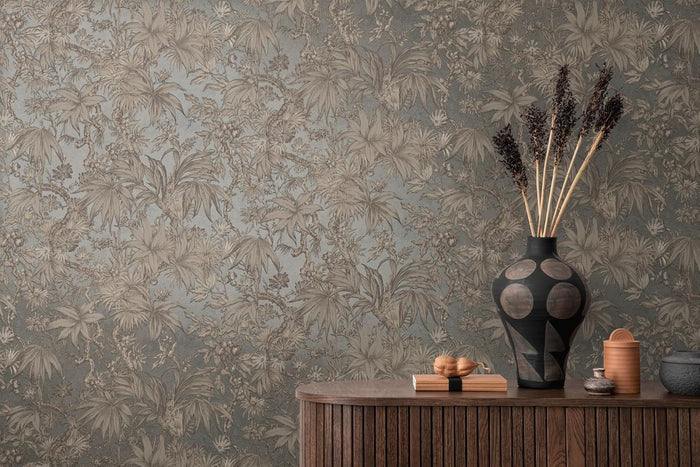 Sepia Memories -  Jungle Wallpaper - Grey Metallic