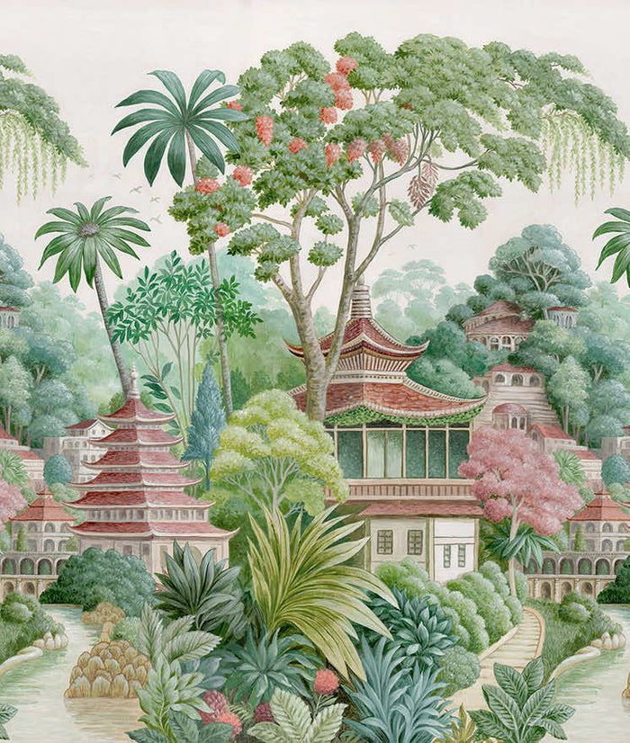 Shambhala mural showing a jungle and mountain landscape with pagodas among palm canopy