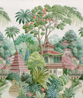 Shambhala mural showing a jungle and mountain landscape with pagodas among palm canopy