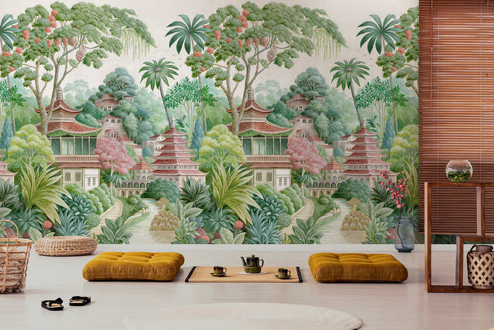 Shambhala mural hung on a feature wall