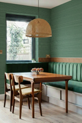 Dining Nook with Shimmery Grasscloth Evergreen Wallpaper
