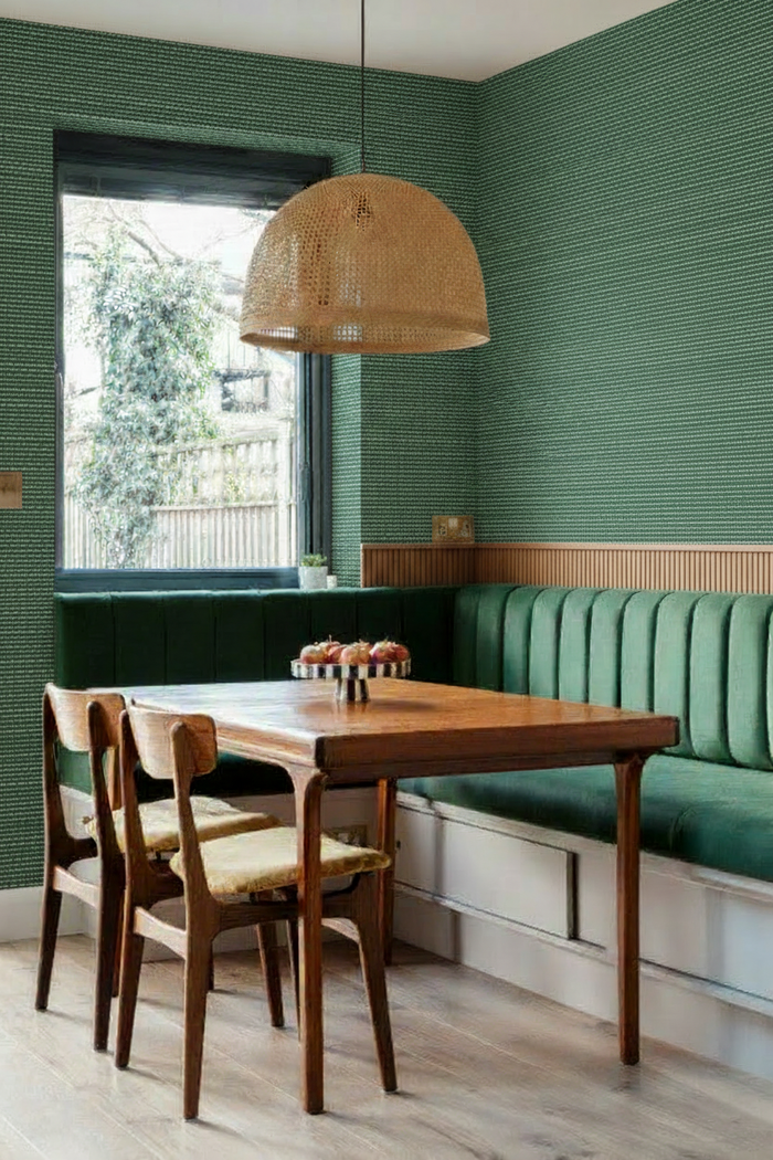 Dining Nook with Shimmery Grasscloth Evergreen Wallpaper